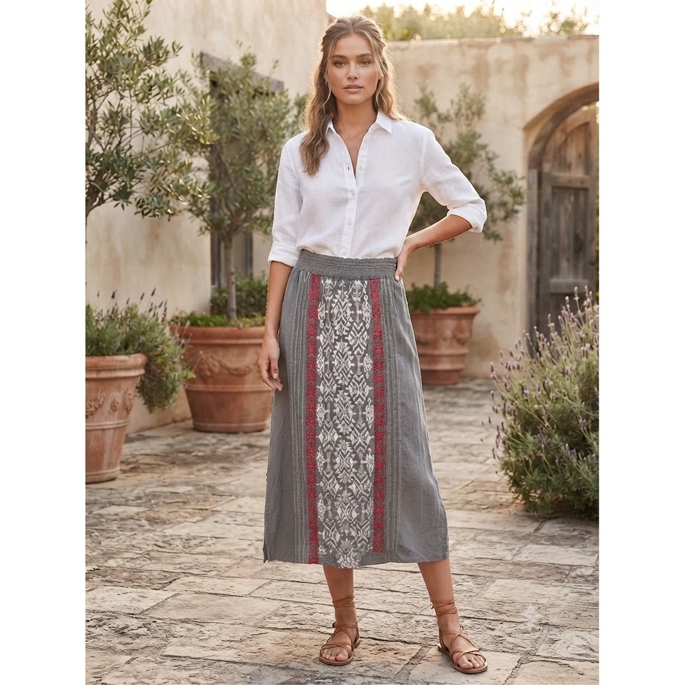 Johnny Was JW Los Angeles Grey Embroidered Linen Midi Skirt Boho Pink White M